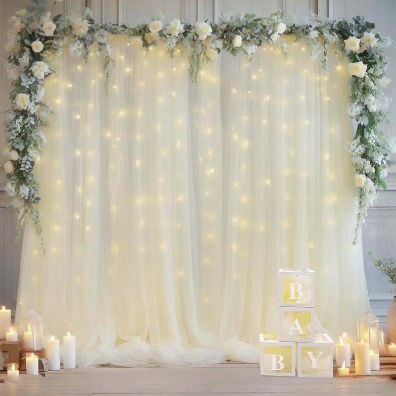 Shillance 10ft x 10ft Ivory Backdrop Curtain with Lights String for Parties, Sheer Tulle Wedding Photo Backdrops Drapes for Baby Shower Birthday Party Decorations Background for Photography - Image 3