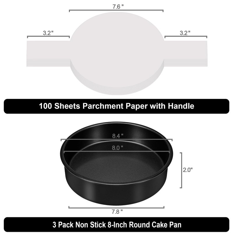 AWTBDP 8 Inch Cake Pan Set of 3, Nonstick Baking Pans Set with 100PCS Pre-cut Parchment Paper for Layer Cakes, Durable Round Cake Pans Sets for Baking for Birthday Christmas, Dishwasher Safe - Image 3