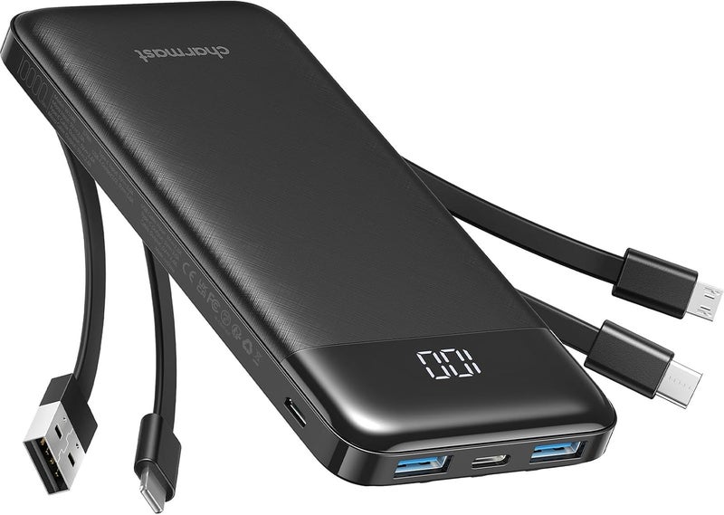 Charmast Power Bank with Built in Cable, 10000mAh USB C Battery pack 6 Outputs 2 Inputs with LED Display Type C Powerbank Portable Charger Compatible with Smartphones Tablets and More - Image 1