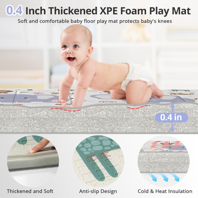NOONKTY 79x71 Extra Large Baby Play Mat for Floor, Foldable Foam Playmat for Babies 0-12 Months & Kids, Non-Toxic Waterproof Baby Mat for Floor, Thick Playpen Mat for Tummy Time Crawling, Elephant+Mon - Image 2