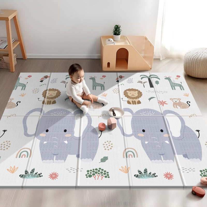 NOONKTY 79x71 Extra Large Baby Play Mat for Floor, Foldable Foam Playmat for Babies 0-12 Months & Kids, Non-Toxic Waterproof Baby Mat for Floor, Thick Playpen Mat for Tummy Time Crawling, Elephant+Mon - Image 1