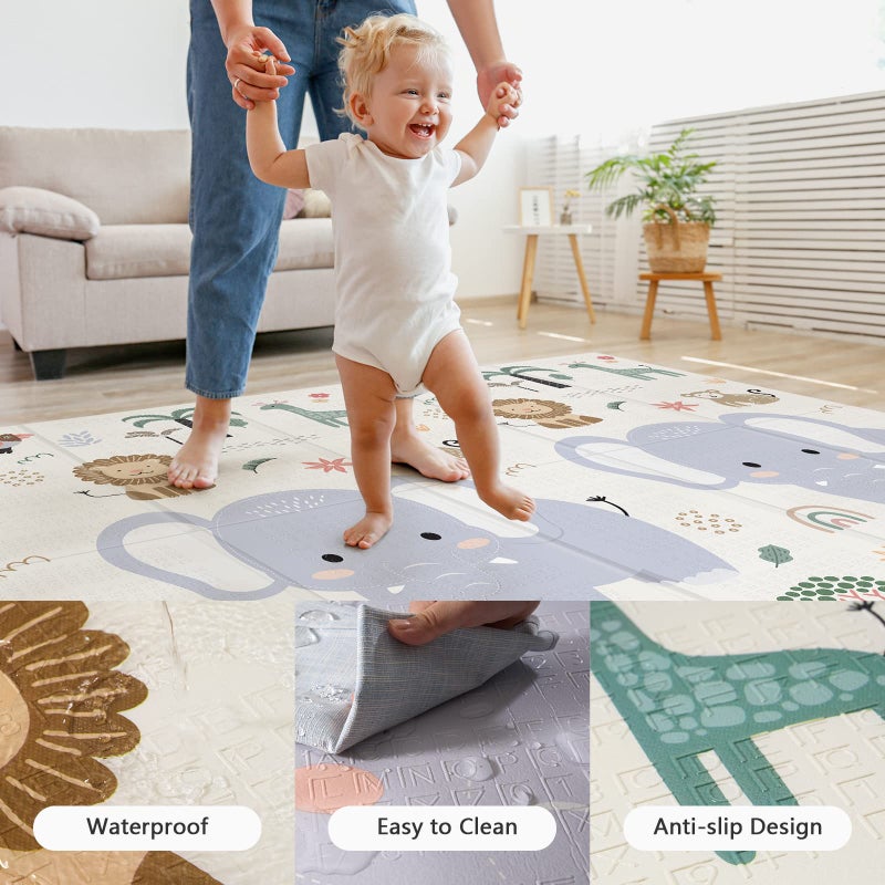 NOONKTY 79x71 Extra Large Baby Play Mat for Floor, Foldable Foam Playmat for Babies 0-12 Months & Kids, Non-Toxic Waterproof Baby Mat for Floor, Thick Playpen Mat for Tummy Time Crawling, Elephant+Mon - Image 4