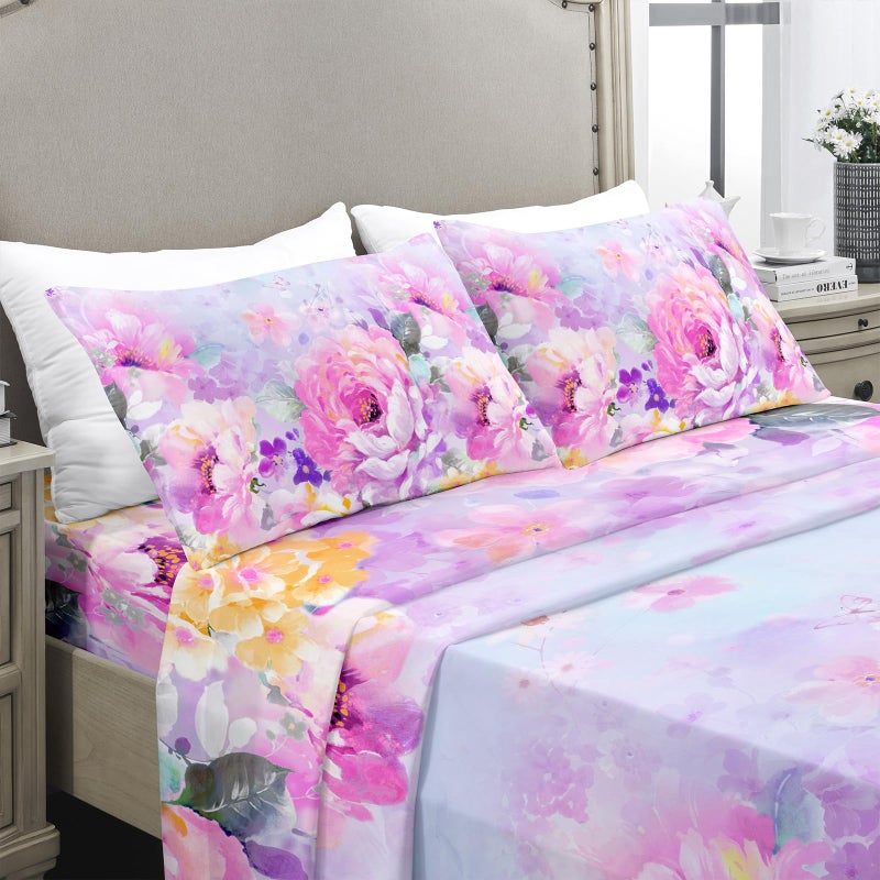 YIYEA Queen Sheet Set, Luxury 1800TC Hotel Quality Double Brushed Microfiber Floral Bed Sheets for Queen Size Bed, Extra Soft, Deep Pocket, Shrinkage and Fade Resistant, 4PC (Queen) - Image 1