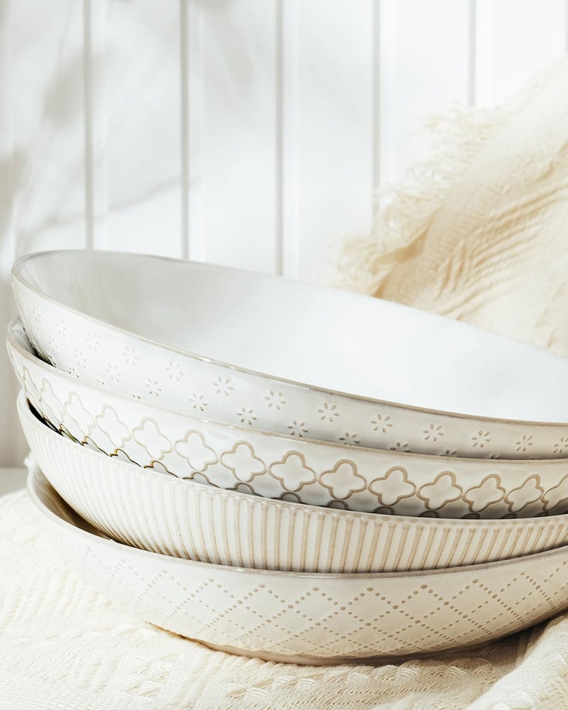 getstar Pasta Bowls, Large Salad Serving Bowls (9.2 inch/42 oz), Ceramic Bowl Plates Set of 4, Farmhouse Embossments, Microwave and Dishwasher Safe - Image 5