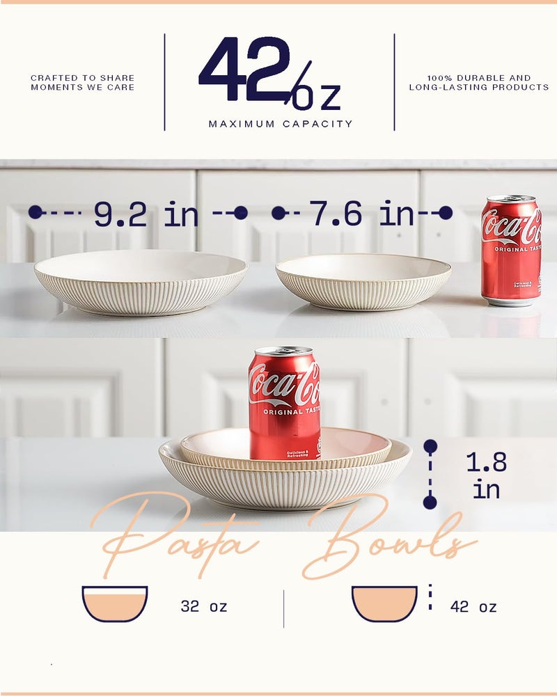 getstar Pasta Bowls, Large Salad Serving Bowls (9.2 inch/42 oz), Ceramic Bowl Plates Set of 4, Farmhouse Embossments, Microwave and Dishwasher Safe - Image 3