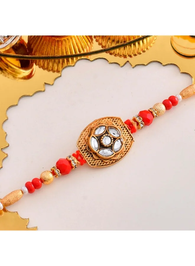 VOYLLA Red Thread Beaded Traditional Motif Rakhi