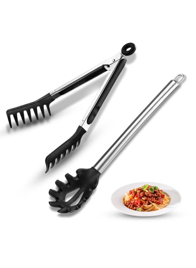 Bukela Spaghetti Spoon and Pasta Tong,Non-stick 13-Inch Silicone Spaghetti Fork and 9.8-Inch Stainless Steel Handle Spaghetti Tong Food Clip for Spaghetti Noodle 2 Pieces - Image 1