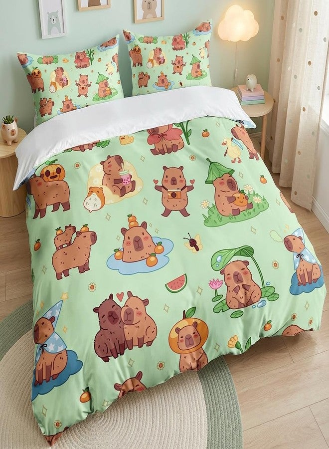 AILONEN Kawaii Capybara Duvet Cover Set Twin Size, Boys Girls Cartoon Cute Capybara Bedding Set for Kids Teens,Grass Green Comforter Cover Set,1 Quilt Cover + 2 Pillowcases,3 Piece - Image 2