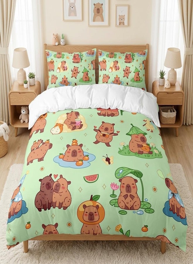 AILONEN Kawaii Capybara Duvet Cover Set Twin Size, Boys Girls Cartoon Cute Capybara Bedding Set for Kids Teens,Grass Green Comforter Cover Set,1 Quilt Cover + 2 Pillowcases,3 Piece - Image 1