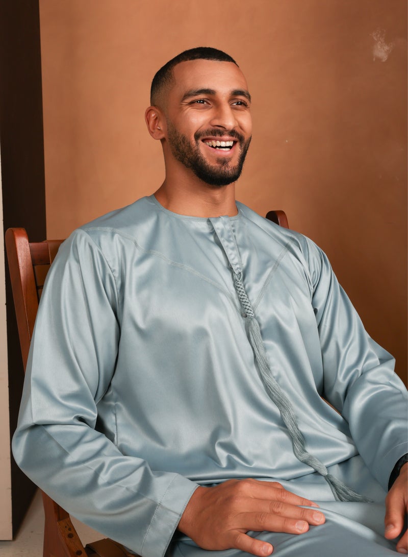 Yigo by Mariam Kandhoura Boudou – Light Teal Emirati Kandhoura – Soft Satin Blend | Elegant & Breathable Traditional Wear - 58 CM - Teal - Image 5