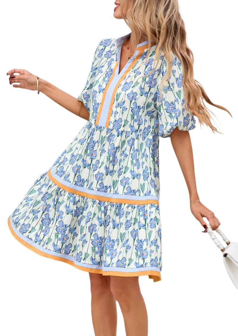 LifeShe Womens Puff Sleeve Floral Babydoll Dress V Neck Striped Color Block Tiered Mini Dresses Black - Image 1
