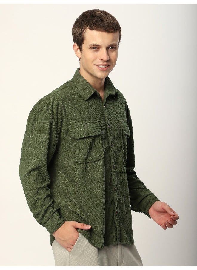 Beyoung Pale Olive Geometric Textured Corduroy Shirt  - Image 1