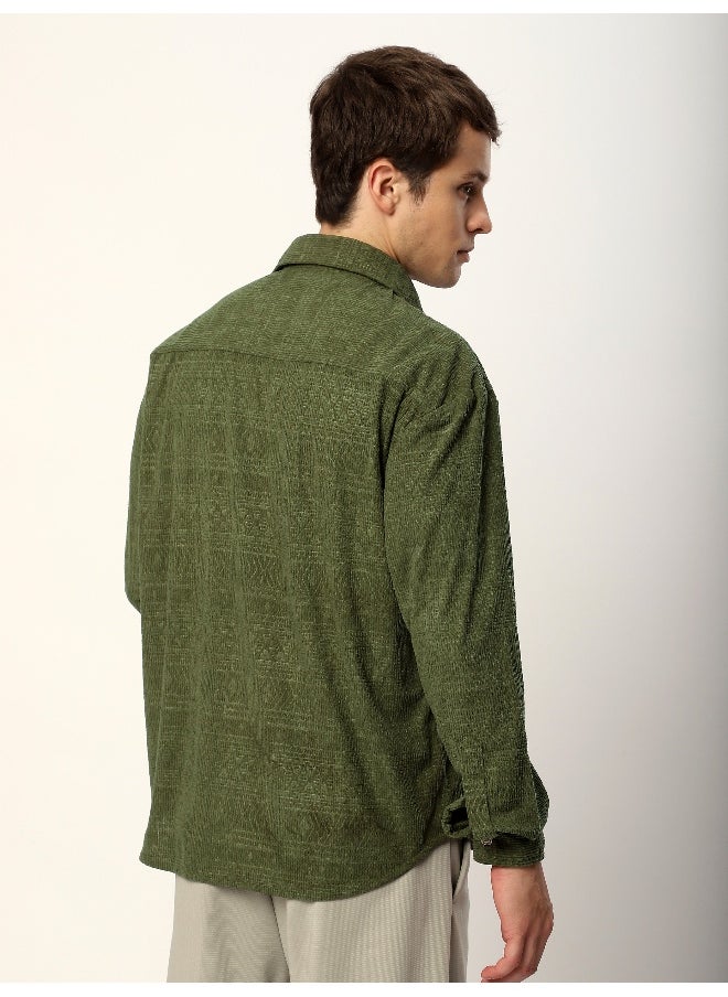 Beyoung Pale Olive Geometric Textured Corduroy Shirt  - Image 2