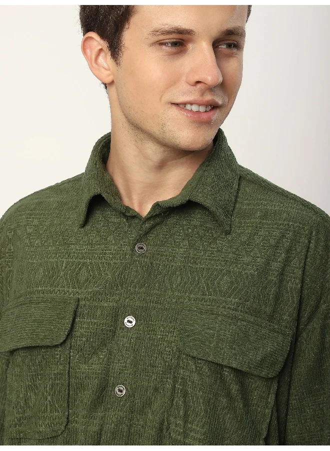 Beyoung Pale Olive Geometric Textured Corduroy Shirt