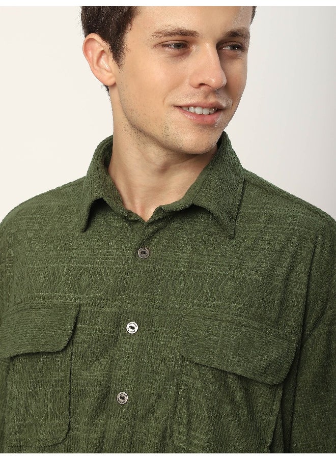 Beyoung Pale Olive Geometric Textured Corduroy Shirt  - Image 3