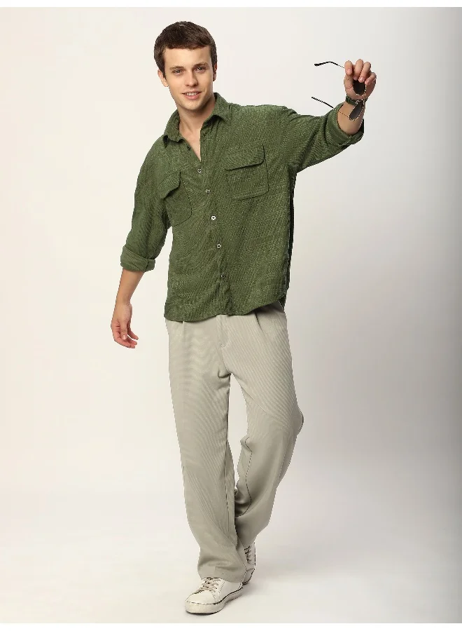 Beyoung Pale Olive Geometric Textured Corduroy Shirt