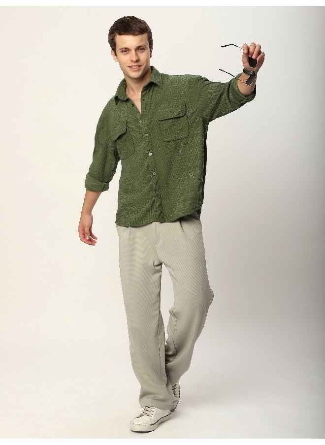 Beyoung Pale Olive Geometric Textured Corduroy Shirt  - Image 4