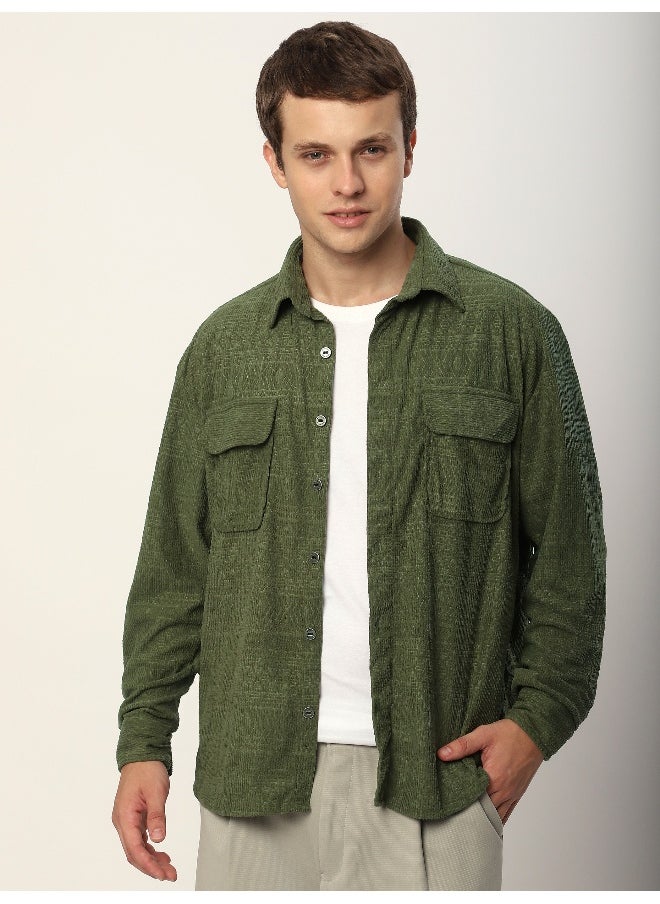 Beyoung Pale Olive Geometric Textured Corduroy Shirt  - Image 5