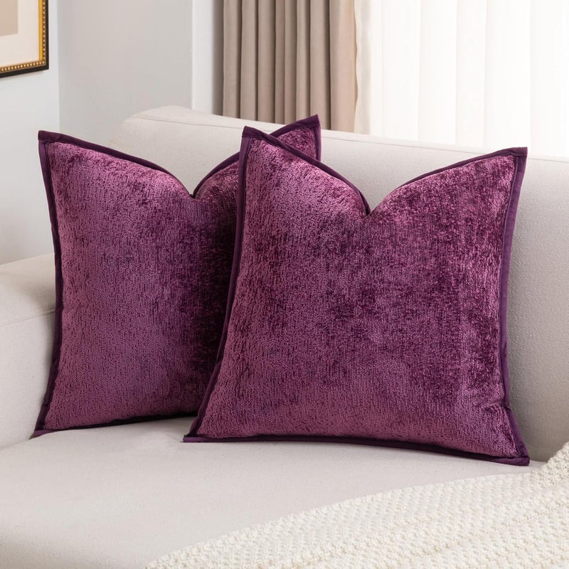 FUTEI Purple Chenille Throw Pillow Covers 18x18 Inch Set of 2,Soft Cozy Bound Edge Design Cushion Case,Home Decor for Couch Bed Living Room - Image 1