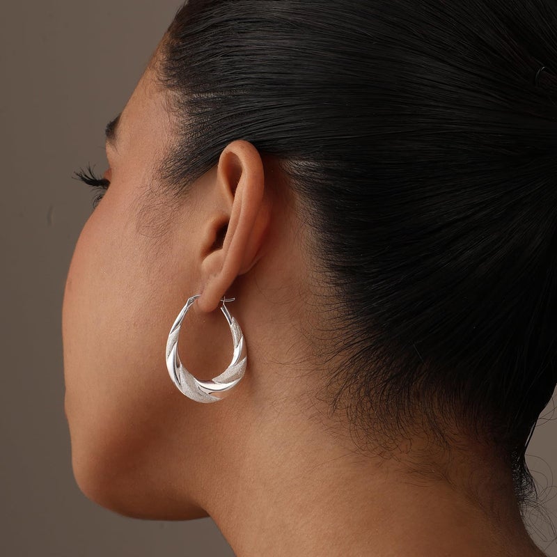 LeCalla 925 Sterling Silver Hoop Earrings High Polish Matte-Finish Textured Shrimp Classic Oval Hoops Earring for Women - 38MM - Image 3