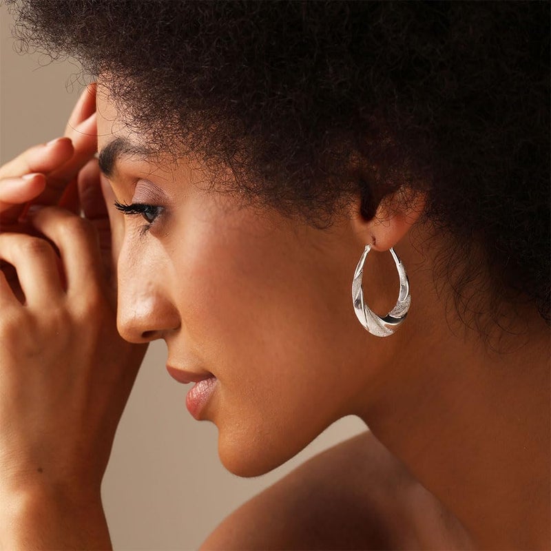 LeCalla 925 Sterling Silver Hoop Earrings High Polish Matte-Finish Textured Shrimp Classic Oval Hoops Earring for Women - 38MM - Image 2