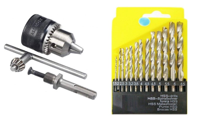 Inditrust 13mm drill chuck and key set heavy duty with adaptor and 13pc HSS drill set - Image 1