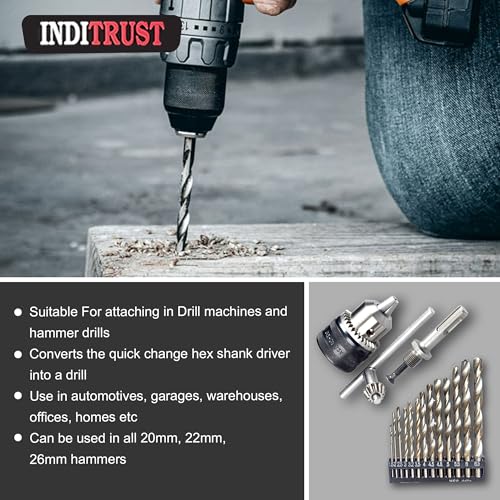 Inditrust 13mm drill chuck and key set heavy duty with adaptor and 13pc HSS drill set - Image 3