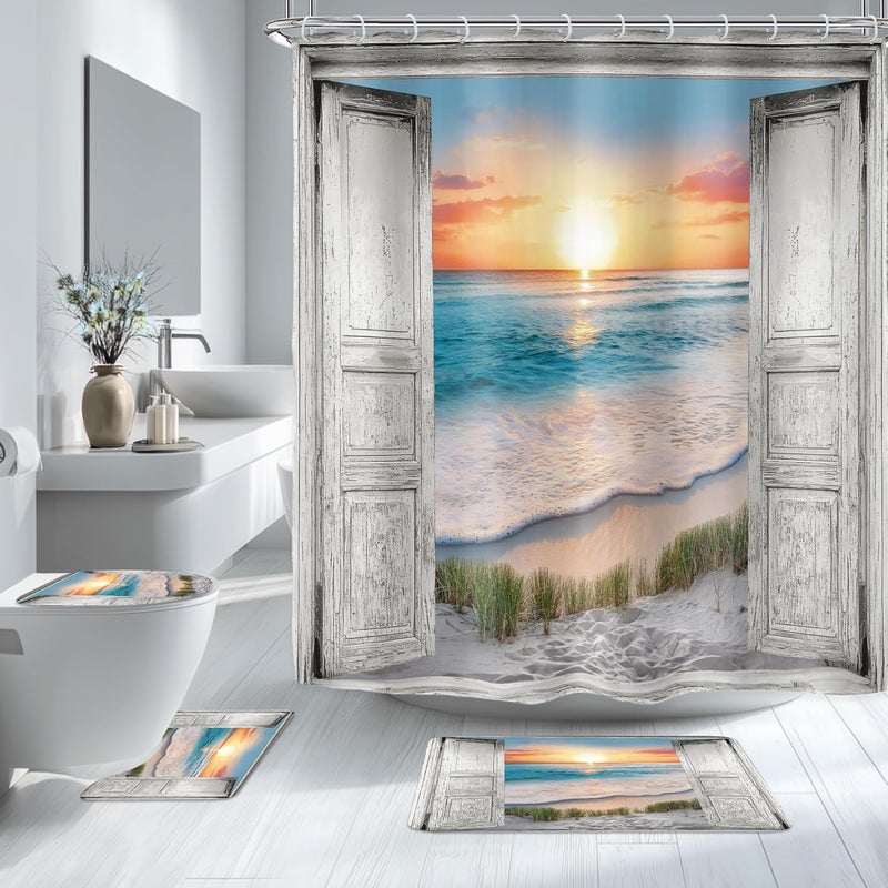 Riyidecor White Barn Door Ocean Beach 4Pcs Bathroom Shower Curtain Sets Nautical Sunset Wooden Bathroom Decor Set with Rugs and Accessories Rustic Toilet Lid Rug, Contour and Bath Mat with 12 Hooks - Image 1