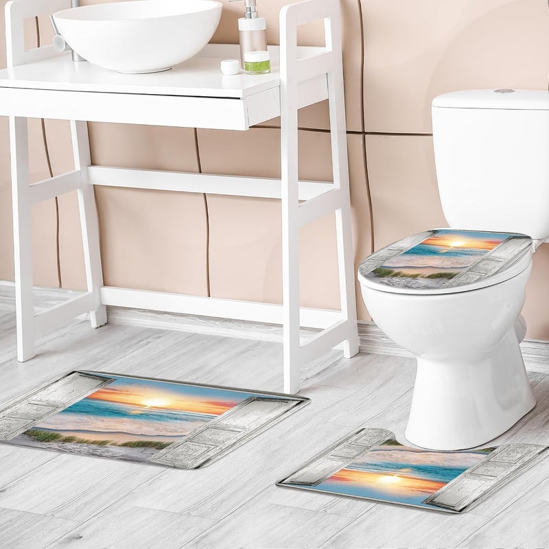 Riyidecor White Barn Door Ocean Beach 4Pcs Bathroom Shower Curtain Sets Nautical Sunset Wooden Bathroom Decor Set with Rugs and Accessories Rustic Toilet Lid Rug, Contour and Bath Mat with 12 Hooks - Image 2