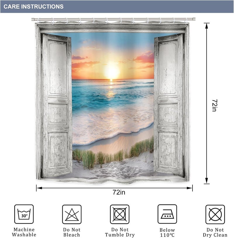 Riyidecor White Barn Door Ocean Beach 4Pcs Bathroom Shower Curtain Sets Nautical Sunset Wooden Bathroom Decor Set with Rugs and Accessories Rustic Toilet Lid Rug, Contour and Bath Mat with 12 Hooks - Image 5