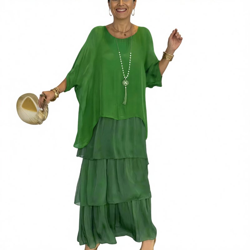 Chiffon Mesh Batwing Sleeve Round Neck Long Dress - Image 1