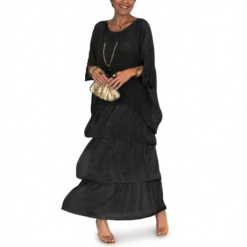 Chiffon Mesh Batwing Sleeve Round Neck Long Dress - Image 3