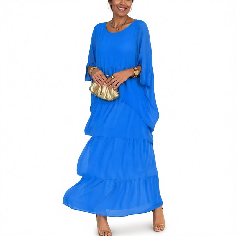 Chiffon Mesh Batwing Sleeve Round Neck Long Dress - Image 4
