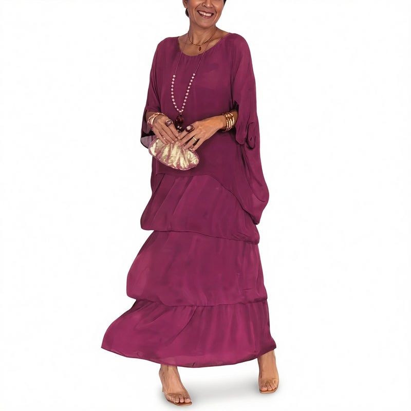Chiffon Mesh Batwing Sleeve Round Neck Long Dress - Image 2