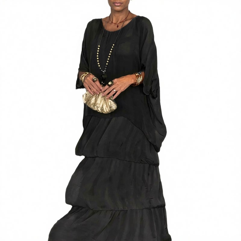 Chiffon Mesh Batwing Sleeve Round Neck Long Dress - Image 5
