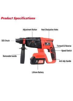 GearZone Cordless Electric Hammer Drill, 21V High Power, With Accessories Set, for Metal Concrete & Wood Drilling, With Two Lithium Batteries-Red  - Image 2