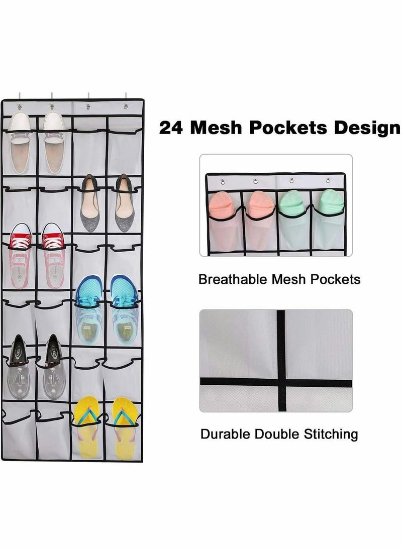 Y&D Hanging Organiser, Shoe Rack Over The Door Storage Organizers Mesh Holder with 24 Pockets Gadget 8 Hooks Space-Saving for Kitchen Bedroom Bathroom (White), 2PCS - Image 3