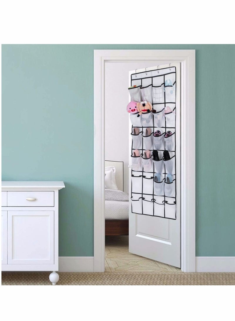 Y&D Hanging Organiser, Shoe Rack Over The Door Storage Organizers Mesh Holder with 24 Pockets Gadget 8 Hooks Space-Saving for Kitchen Bedroom Bathroom (White), 2PCS - Image 2