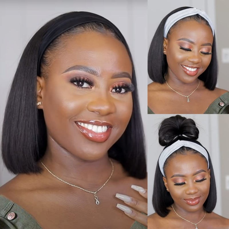 AISI Headband Bob Wig Human Hair Glueless Short Straight Bob Wigs Human Hair For Black Women 150 Density None Front Lace Brazilian Virgin Human Hair Wigs 8 Inch