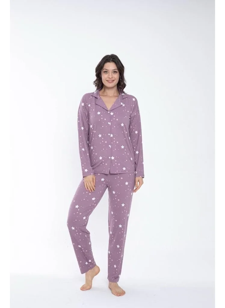 Bie'S Women's Shirt Collar Front Buttoned Seasonal Long Sleeve Pajama Set