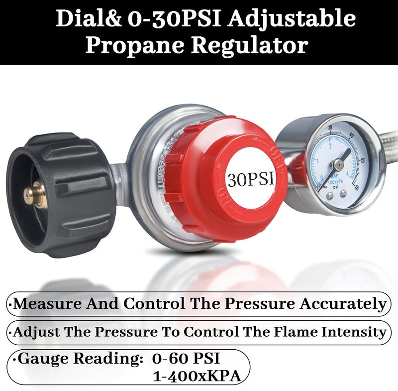 12FT 0-30PSI High Pressure Adjustable Propane Regulator with 0-60PSI Gauge Gas Flow Indicator, Stainless Steel Braided Hose and Gas Grill Regulator, QCC1x3/8 Female Flare Fitting for Gas Tank Cooker - Image 2