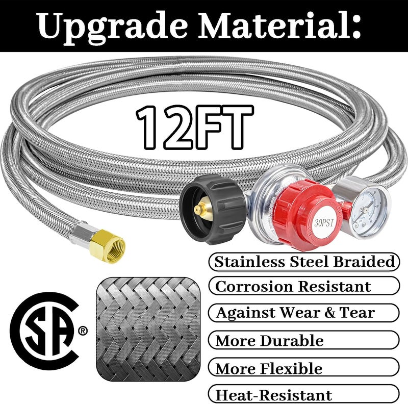 12FT 0-30PSI High Pressure Adjustable Propane Regulator with 0-60PSI Gauge Gas Flow Indicator, Stainless Steel Braided Hose and Gas Grill Regulator, QCC1x3/8 Female Flare Fitting for Gas Tank Cooker - Image 4