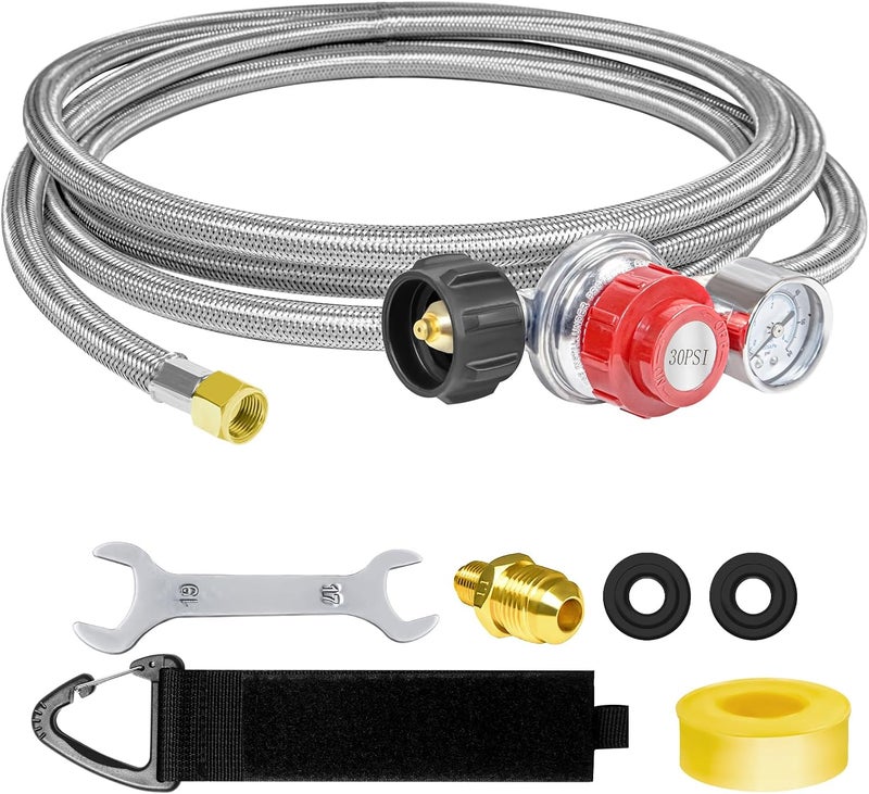 12FT 0-30PSI High Pressure Adjustable Propane Regulator with 0-60PSI Gauge Gas Flow Indicator, Stainless Steel Braided Hose and Gas Grill Regulator, QCC1x3/8 Female Flare Fitting for Gas Tank Cooker - Image 1