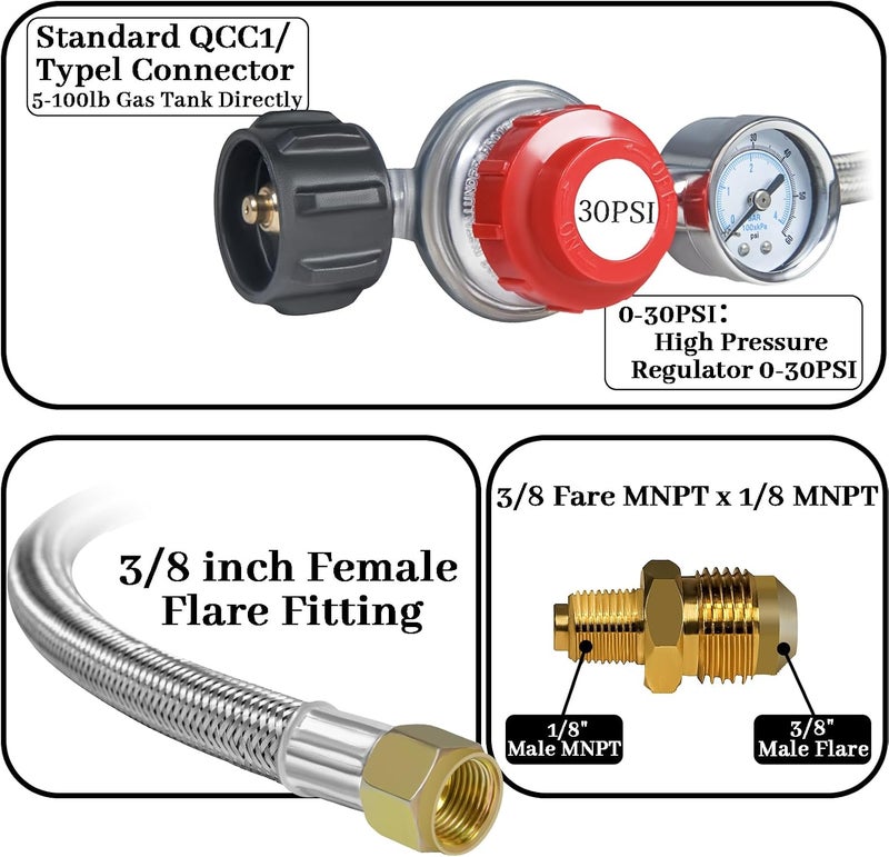 12FT 0-30PSI High Pressure Adjustable Propane Regulator with 0-60PSI Gauge Gas Flow Indicator, Stainless Steel Braided Hose and Gas Grill Regulator, QCC1x3/8 Female Flare Fitting for Gas Tank Cooker - Image 3