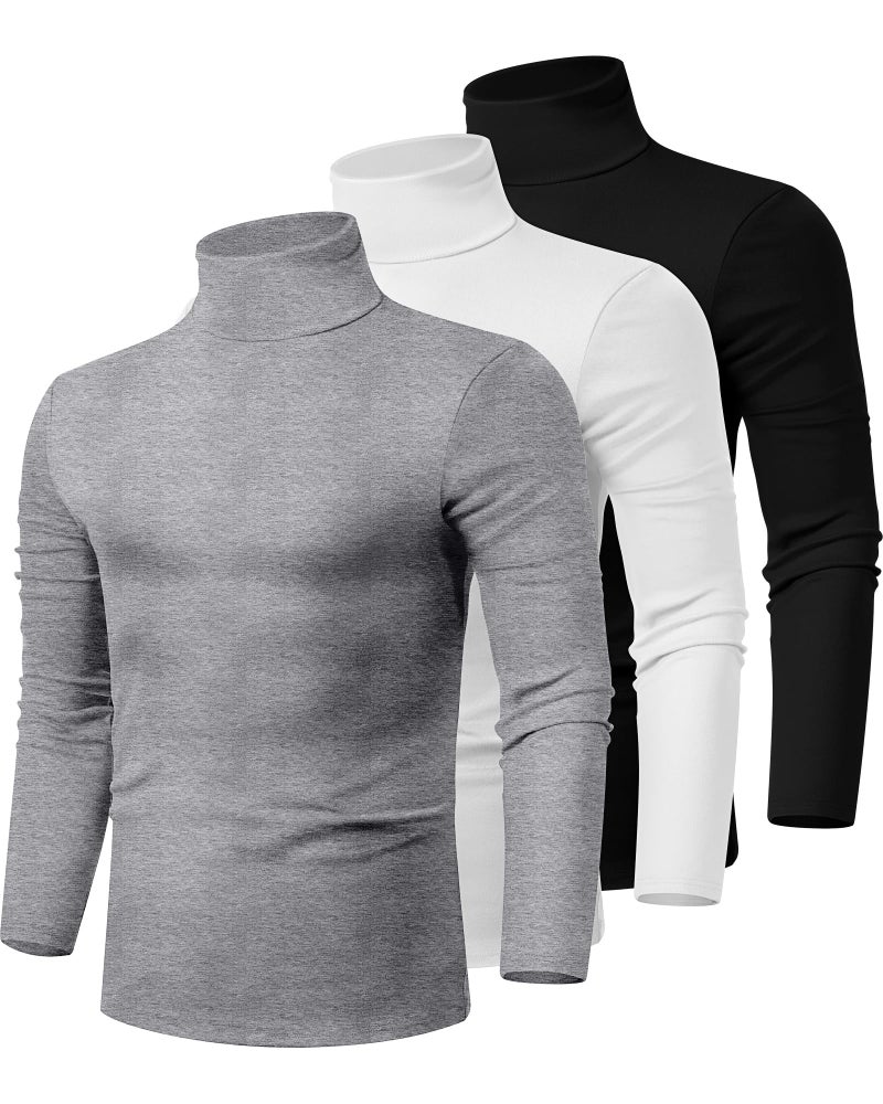 Ficerd 3 Pack Mens Turtleneck Shirts Long Sleeve Cotton Pullover Sweaters Mock Neck Knitted T Shirt Basic Slim Fit Tee TopsBlack White GrayMedium