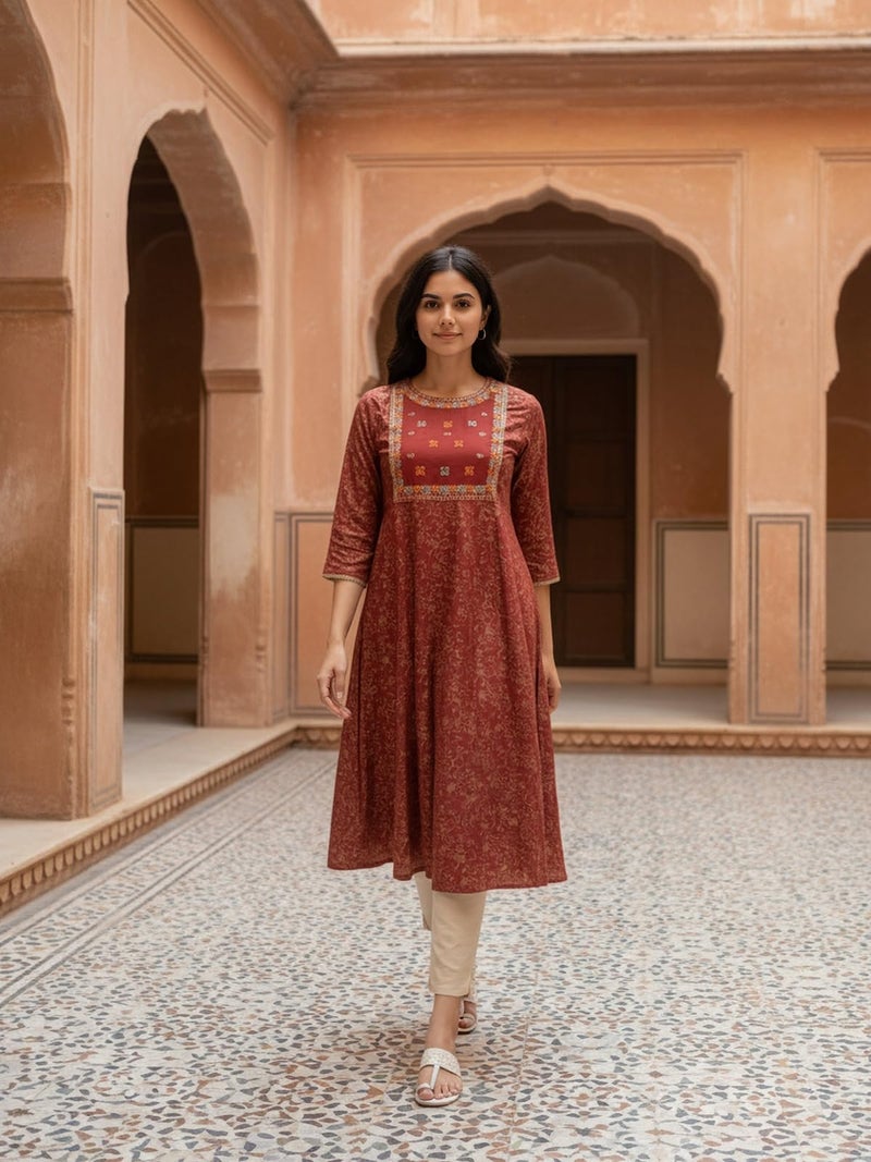 rangita Red Rayon Anarkali Embroidered Calf Length Kurta_L - Image 5