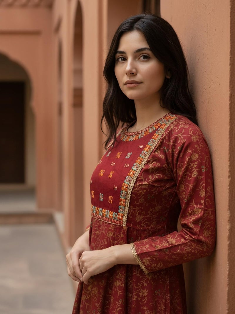 rangita Red Rayon Anarkali Embroidered Calf Length Kurta_L - Image 3