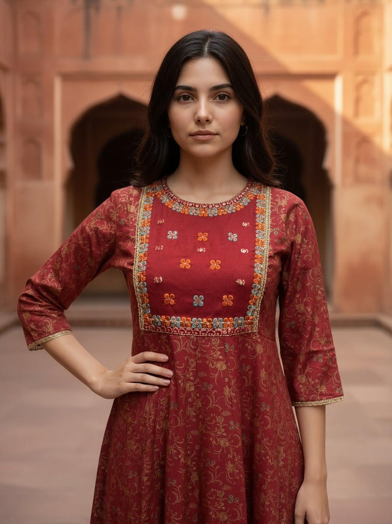 rangita Red Rayon Anarkali Embroidered Calf Length Kurta_L - Image 2