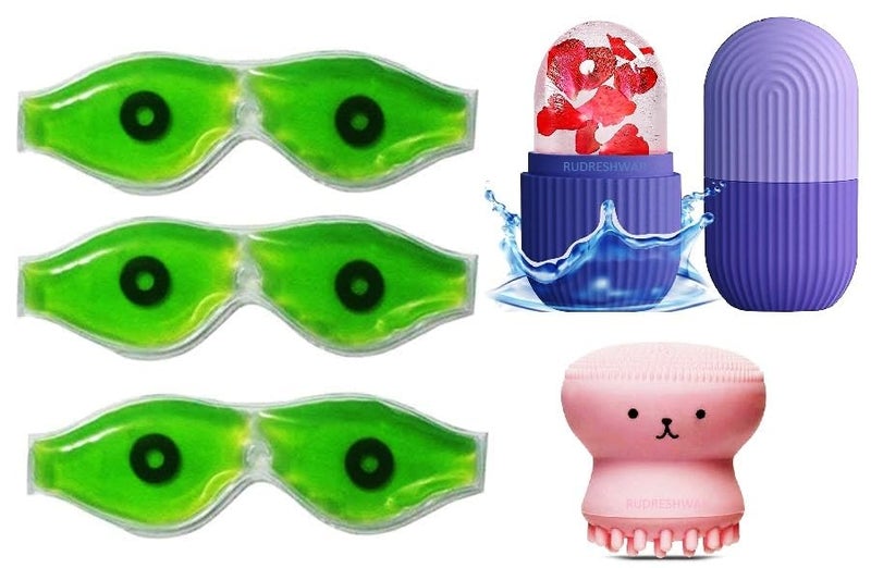 RUDRESHWAR RUDRESHWAR Aloe Vera Cool Eye Mask With Cooling Gel For Dark Circles Dry Eyes Cooling Eyes Pain Relief And Ice Roller for Face Massager And Octopus Facial Cleansing Brush