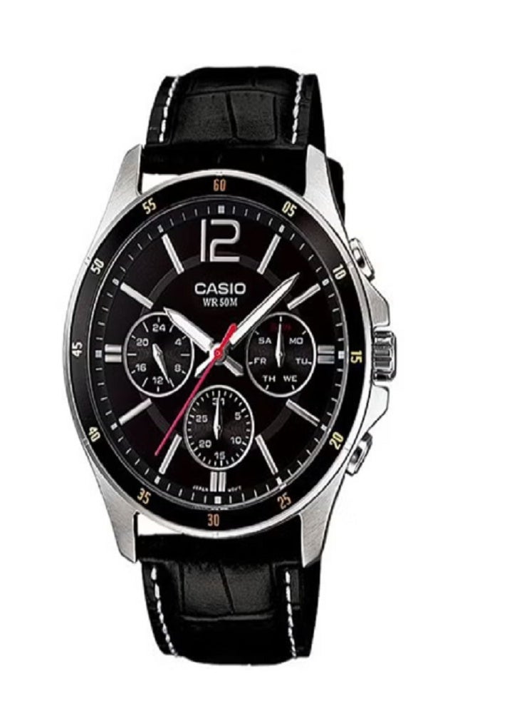 كاسيو ساعة رجالية مقاومة للماء بسوار جلدي تناظري MTP-1374L-1ADF - 47 مم - أسود - Image 1